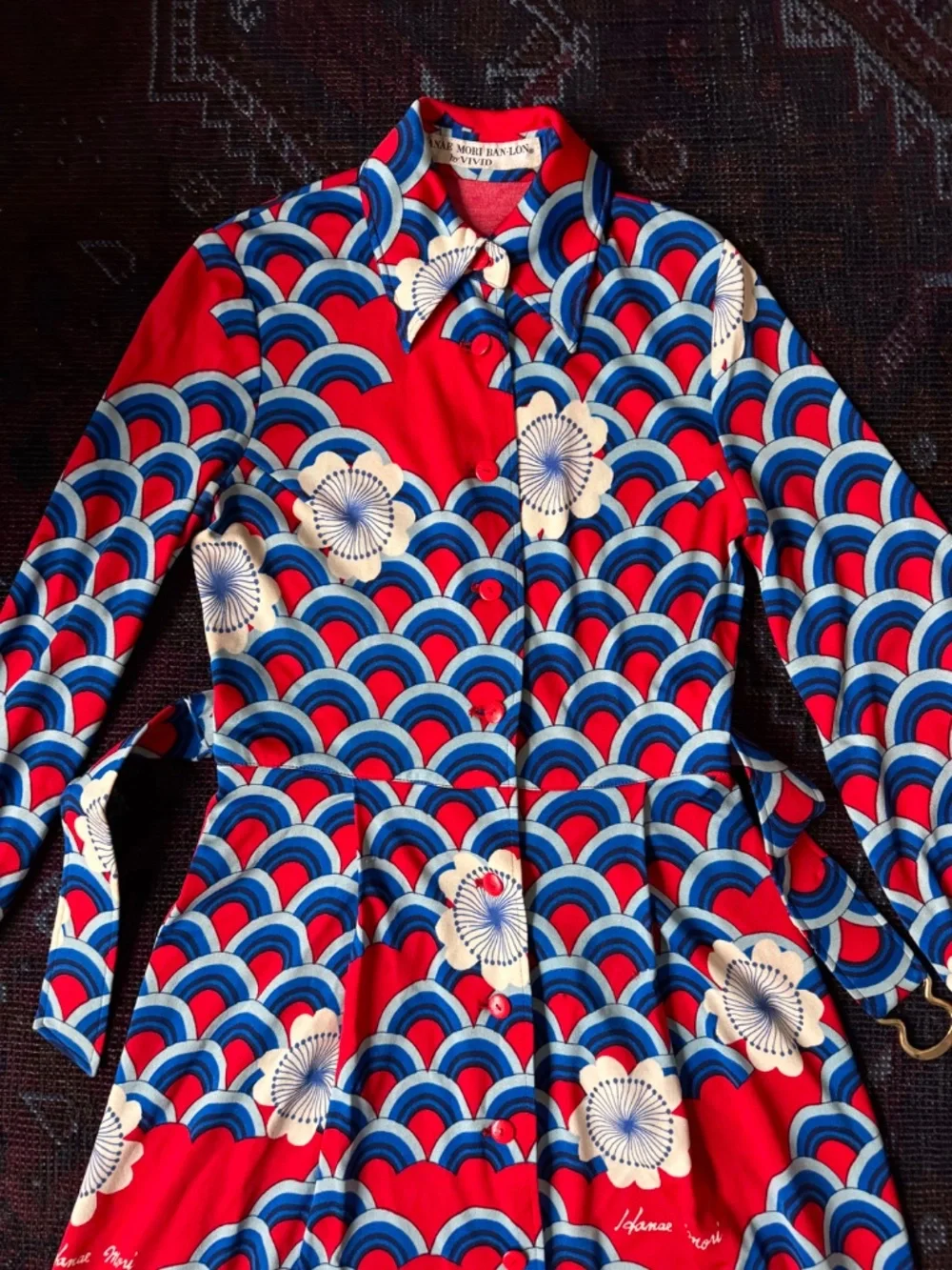 RARE Vintage Hanae Mori Midi Shirt Dress | Seigaiha Wave & Floral | Sz 2 Xs S - Picture 4 of 10